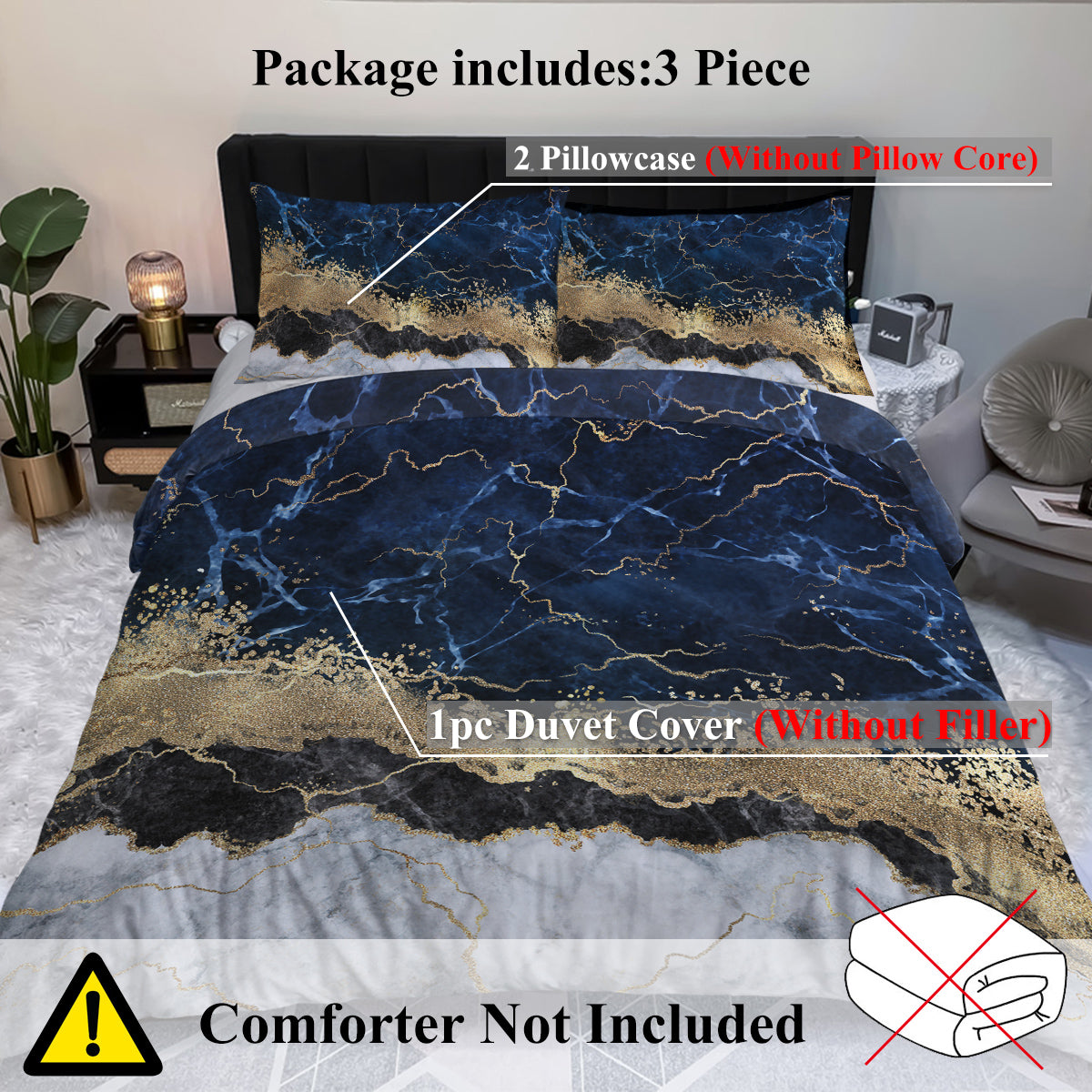 Chic Marble Navy Blue Duvet Cover Set – Luxury Microfiber Bedding Set with 2 Pillowcases