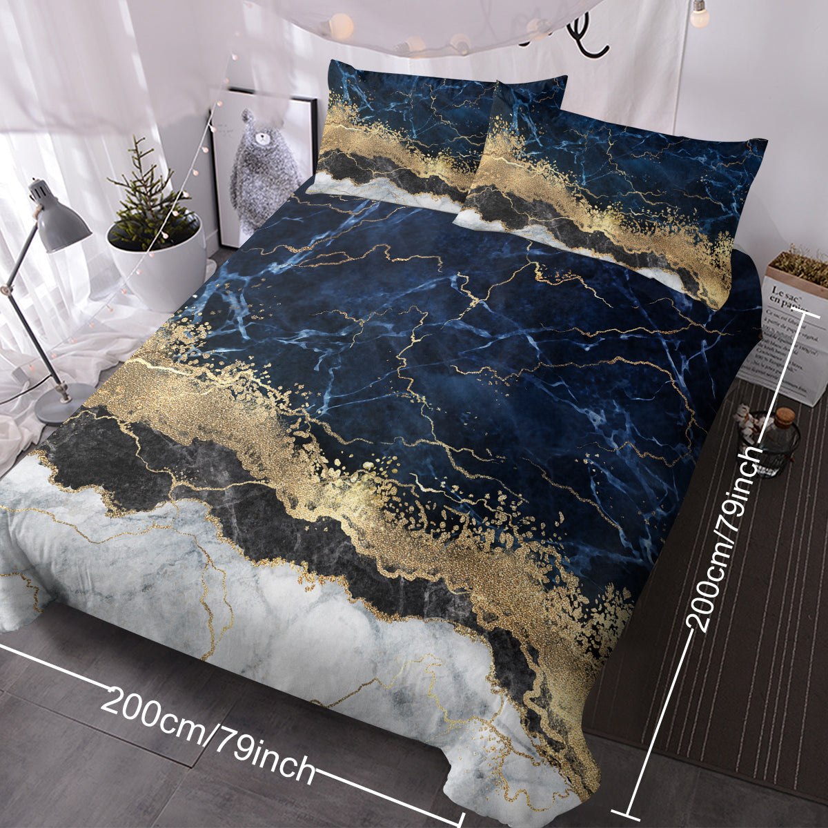 Chic Marble Navy Blue Duvet Cover Set – Luxury Microfiber Bedding Set with 2 Pillowcases