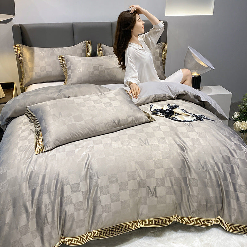 Luxury Silk Cotton Jacquard Bedding Set – Quilt Cover & Fitted Sheet