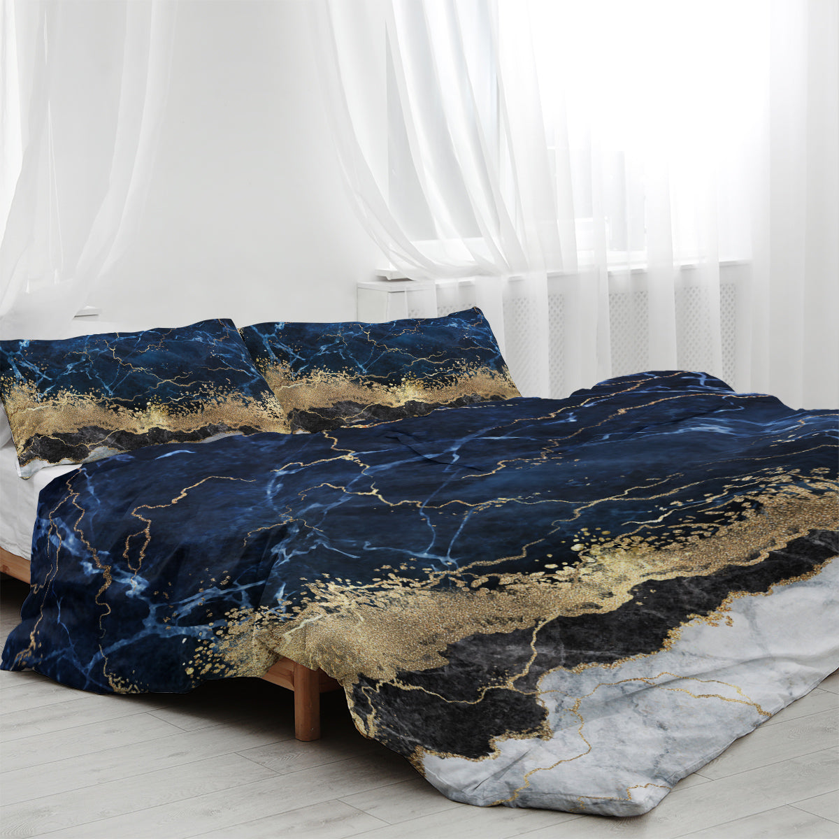 Chic Marble Navy Blue Duvet Cover Set – Luxury Microfiber Bedding Set with 2 Pillowcases