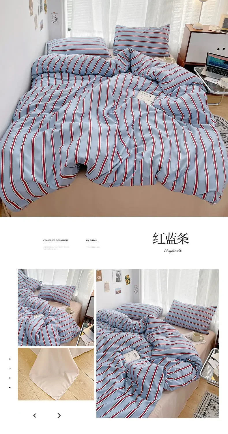 Red & Blue Striped 4 Piece Bedding Set – Soft Duvet Cover, Bed Sheet & Pillowcases