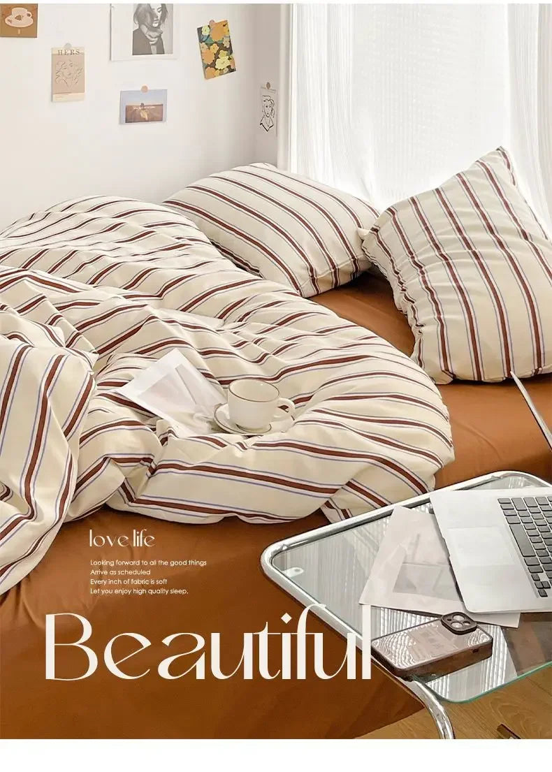 Red & Blue Striped 4 Piece Bedding Set – Soft Duvet Cover, Bed Sheet & Pillowcases