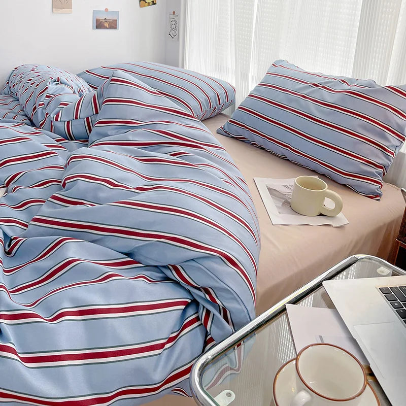 Red & Blue Striped 4 Piece Bedding Set – Soft Duvet Cover, Bed Sheet & Pillowcases