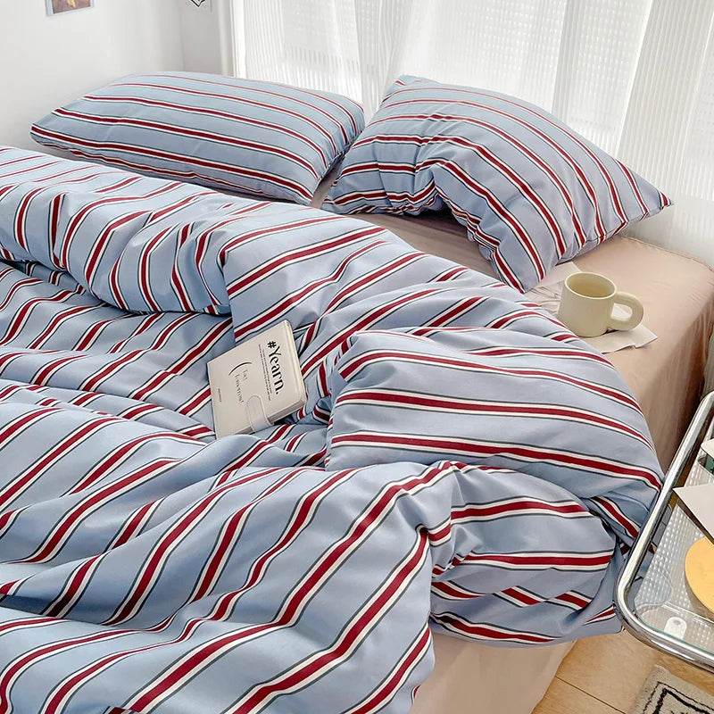 Red & Blue Striped 4 Piece Bedding Set – Soft Duvet Cover, Bed Sheet & Pillowcases