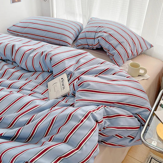 Red & Blue Striped 4 Piece Bedding Set – Soft Duvet Cover, Bed Sheet & Pillowcases