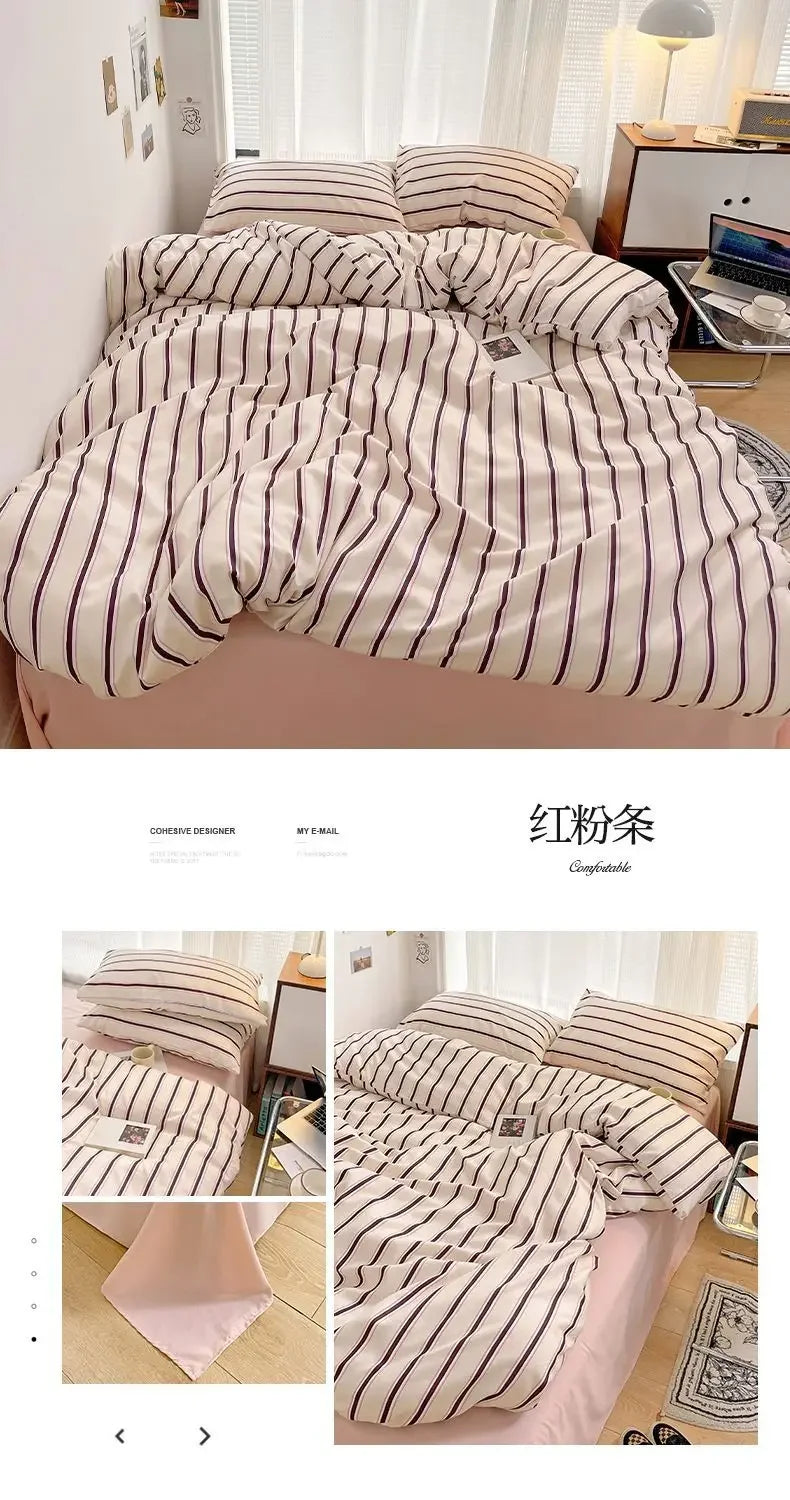 Red & Blue Striped 4 Piece Bedding Set – Soft Duvet Cover, Bed Sheet & Pillowcases
