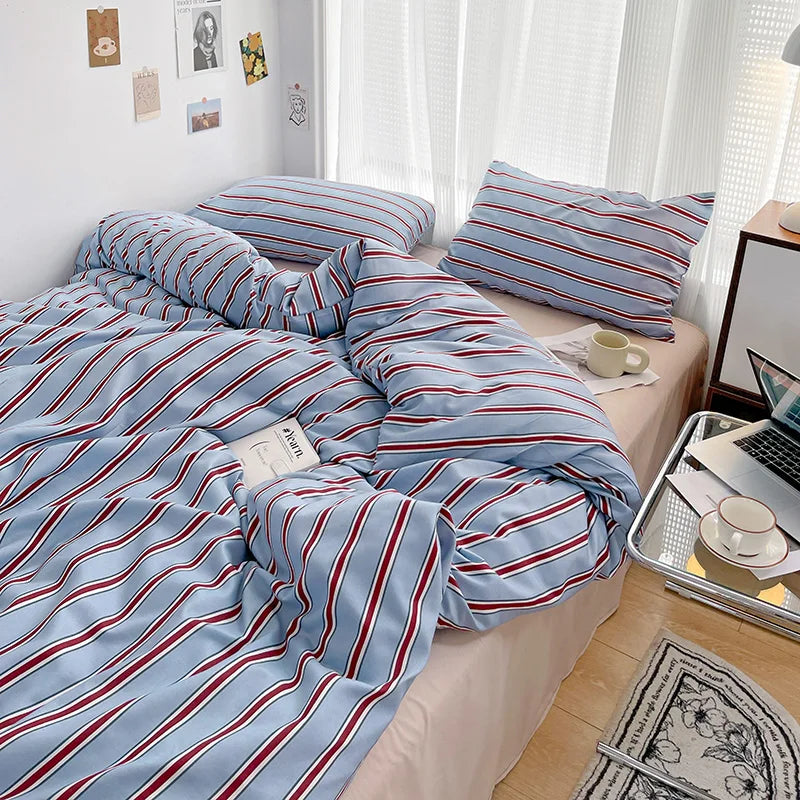 Red & Blue Striped 4 Piece Bedding Set – Soft Duvet Cover, Bed Sheet & Pillowcases