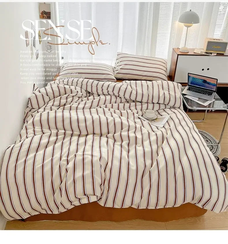 Red & Blue Striped 4 Piece Bedding Set – Soft Duvet Cover, Bed Sheet & Pillowcases