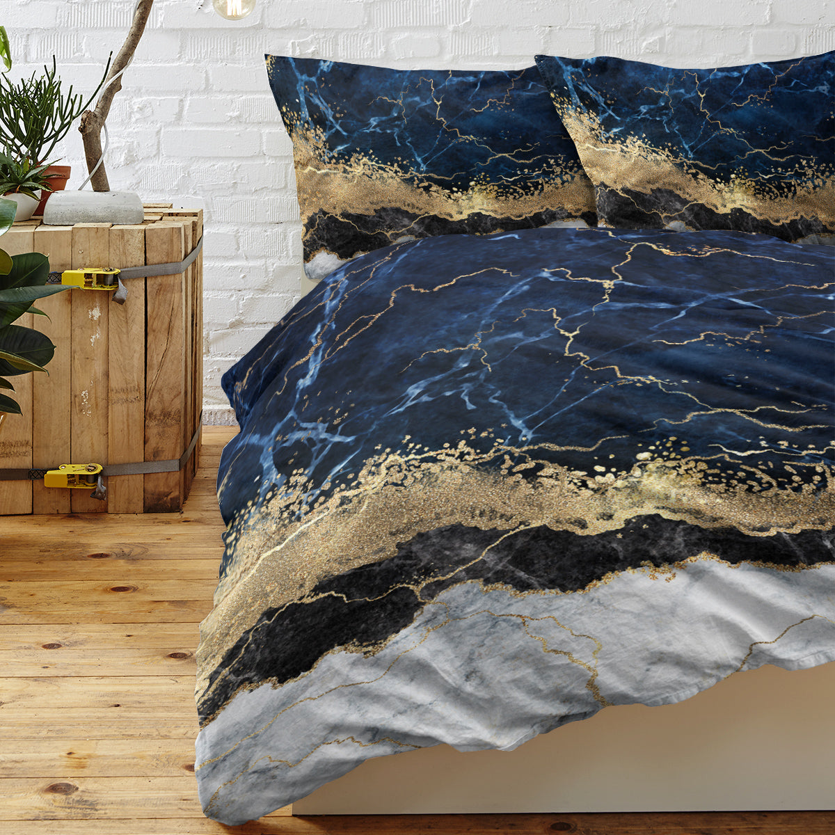 Chic Marble Navy Blue Duvet Cover Set – Luxury Microfiber Bedding Set with 2 Pillowcases