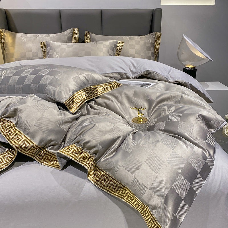 Luxury Silk Cotton Jacquard Bedding Set – Quilt Cover & Fitted Sheet