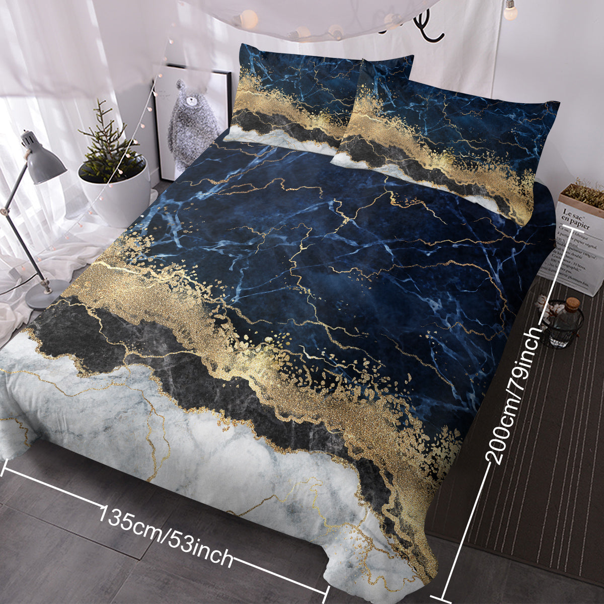 Chic Marble Navy Blue Duvet Cover Set – Luxury Microfiber Bedding Set with 2 Pillowcases